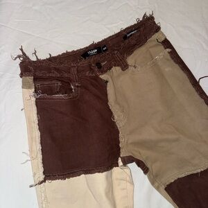 Jaded London Frayed Patchwork Jeans in Brown and Tan